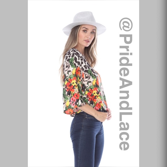 LAST 3️⃣ ✨WHITE LEOPARD/FLORAL PRINT 3/4 SLEEVE BLOUSE - Picture 2 of 3
